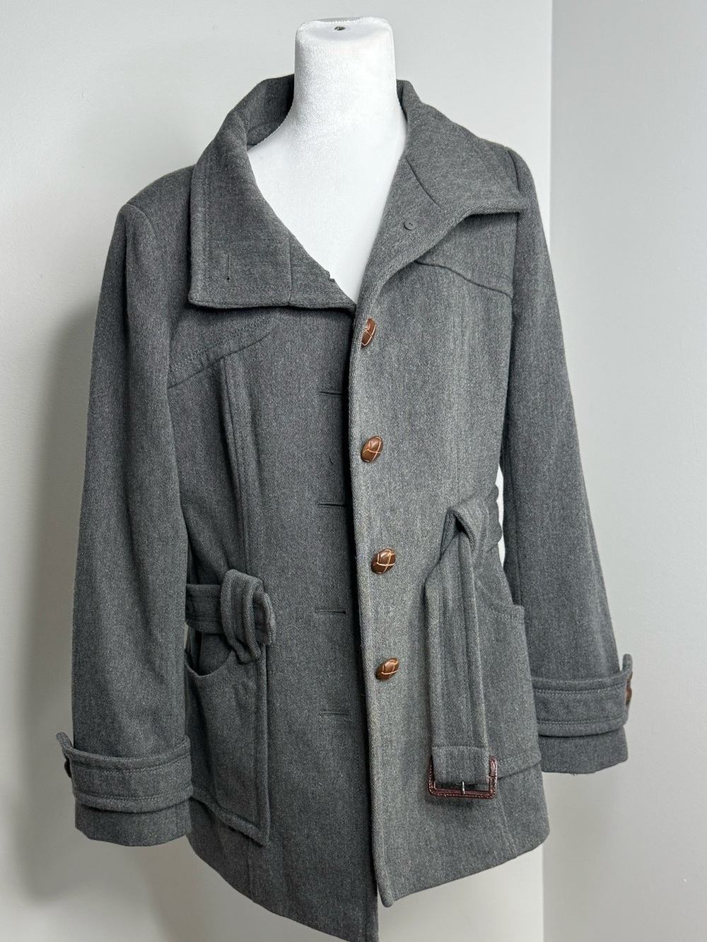 LOFT Gray Wool-Blend Pea Coat with Belt